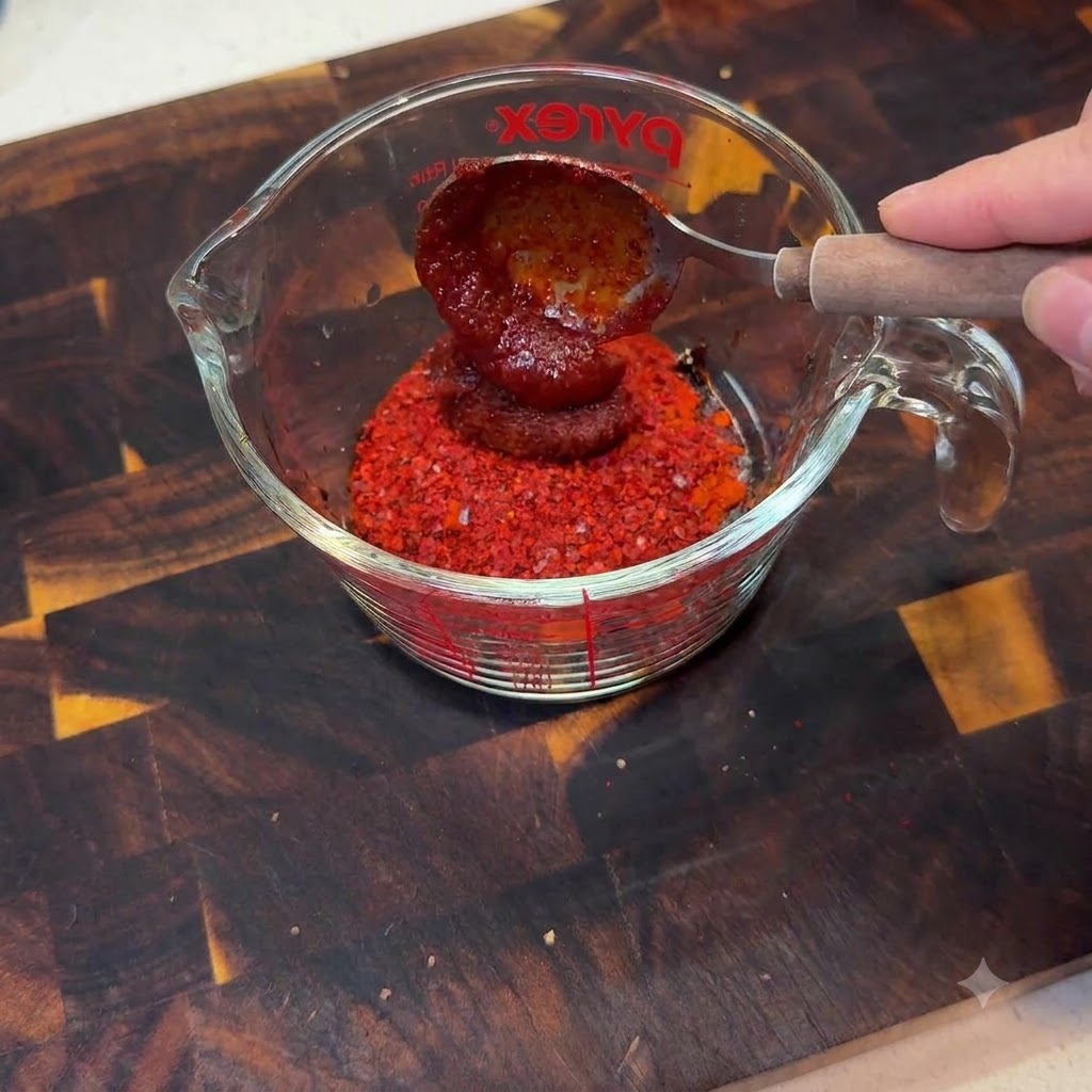 Une tasse à mesurer contenant de la poudre et de la pâte de piment mélangées soigneusement avec une cuillère.