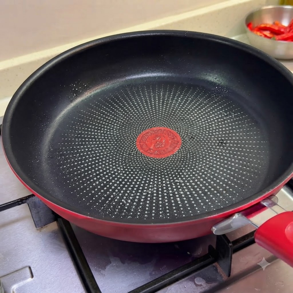 Une poêle antiadhésive chauffée vide sur une cuisinière prête pour la cuisson des tranches de poitrine de porc.