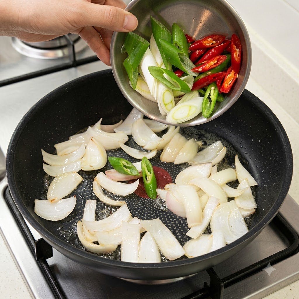 Un petit bol en métal versant des tranches de piment vert et rouge et des oignons nouveaux dans la poêle avec les oignons.