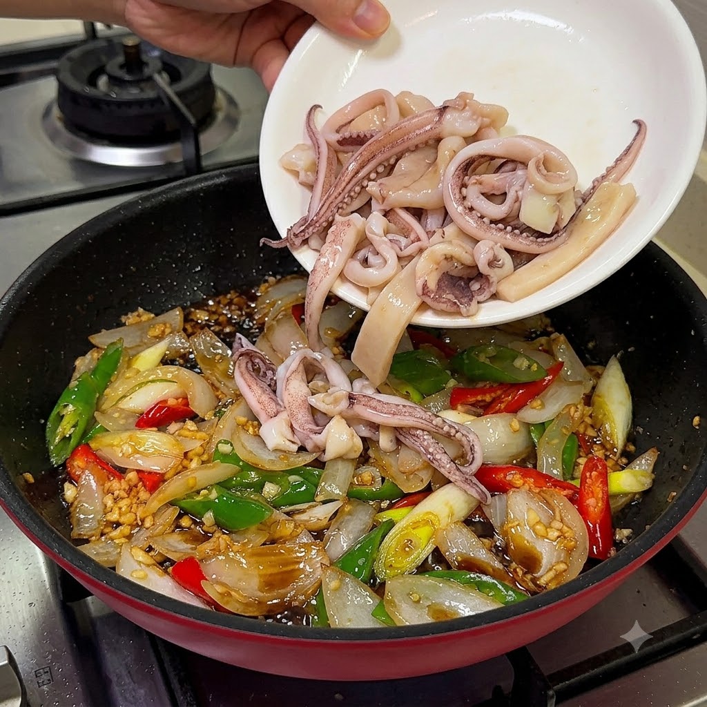 Une assiette blanche ajoutant des morceaux de calmar blanchi dans la poêle remplie de poitrine de porc cuite et daromates.