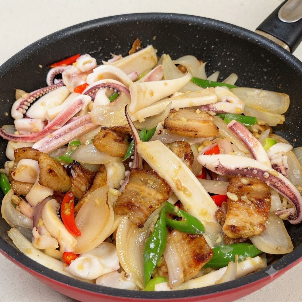 Une poêle contenant du calmar, de la poitrine de porc, des oignons et des piments prête pour que la sauce soit ajoutée.