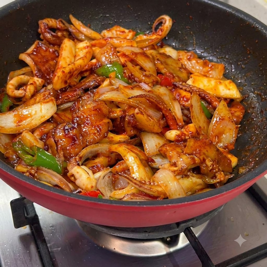 Du calmar et de la poitrine de porc sautés dans un wok avec des légumes et une riche sauce rouge.