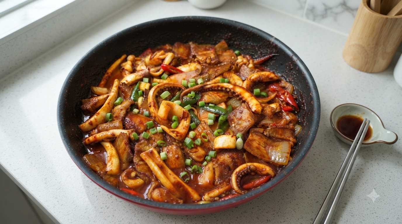 Cuisine coréenne sautée au calmar et à la poitrine de porc (Osam Bulgogi)