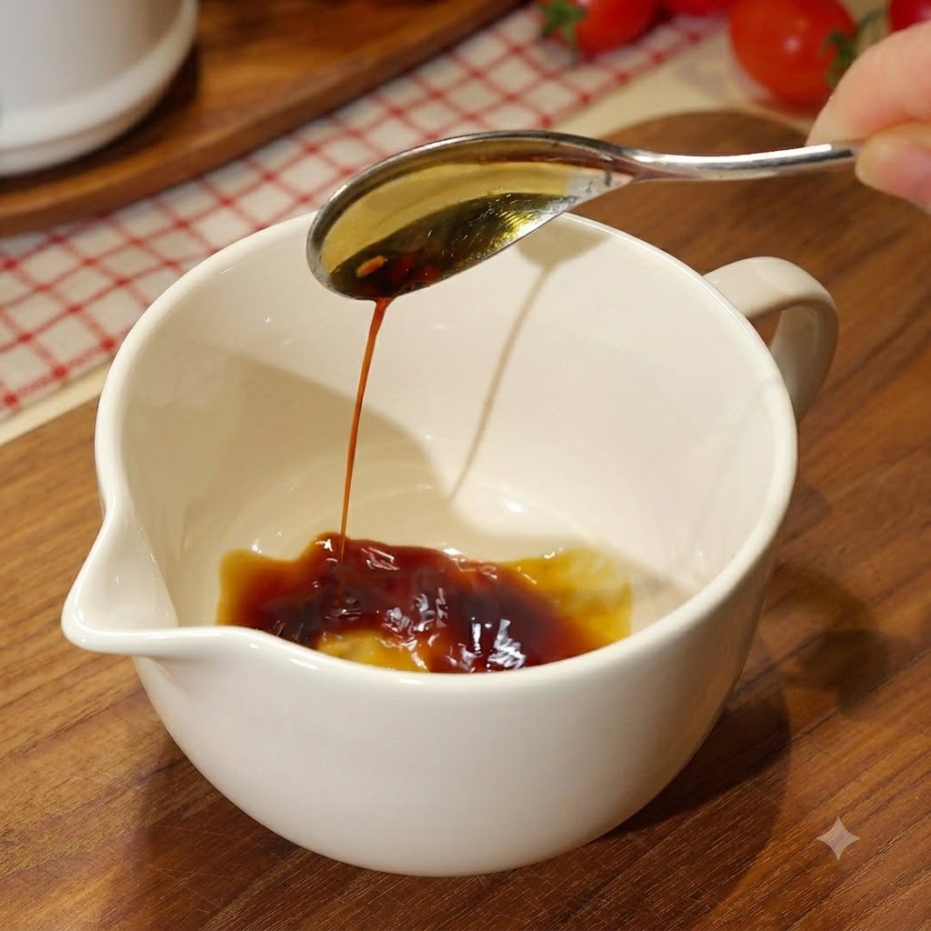 Une tasse à mesurer blanche avec des ingrédients de sauce foncée mélangés à laide dune cuillère.