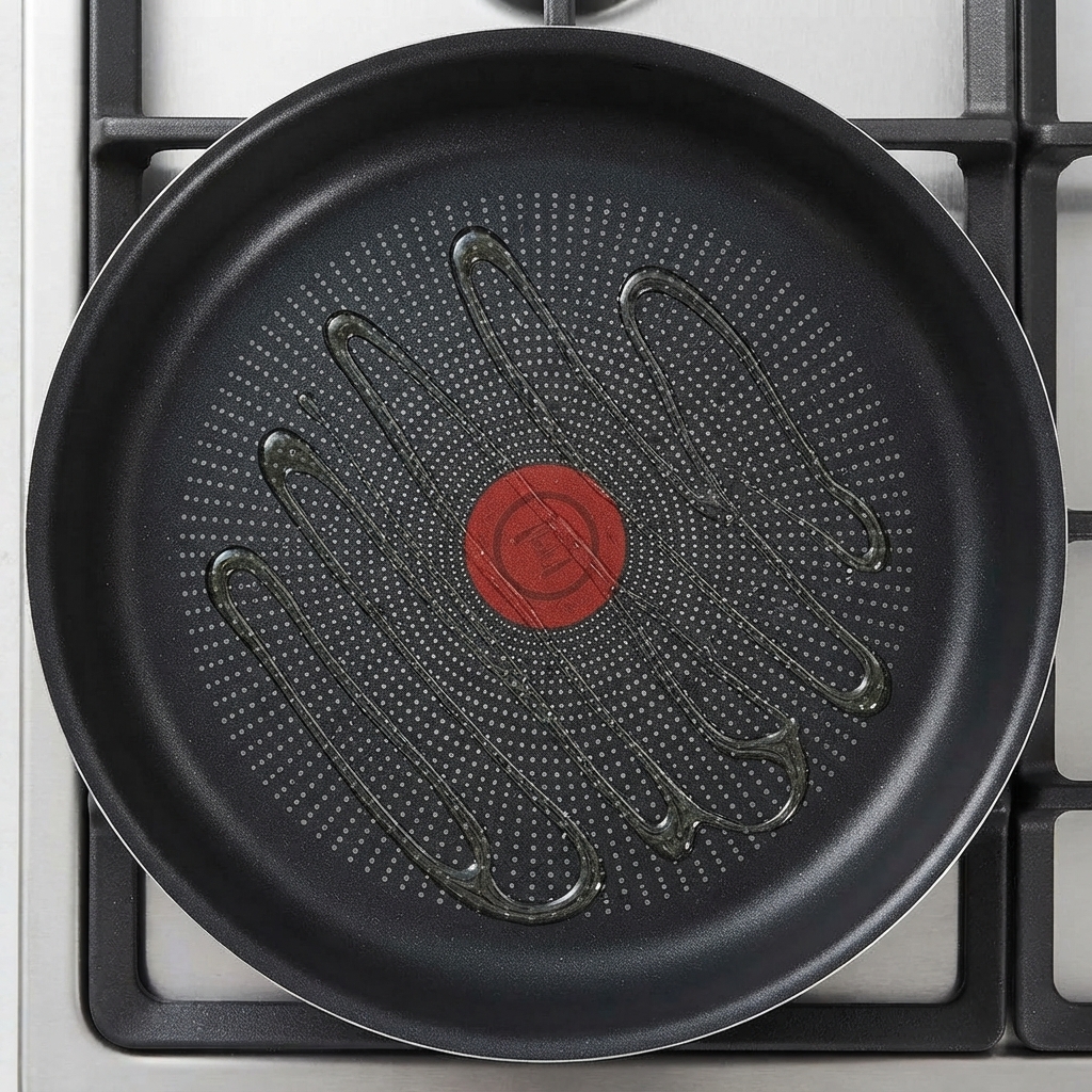 Une poêle antiadhésive sur une cuisinière avec de lhuile versée à la surface en zigzag.