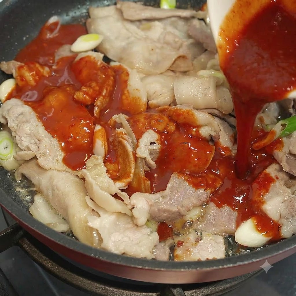 De la sauce rouge versée dun bol dans une poêle contenant des tranches de porc et des oignons verts.