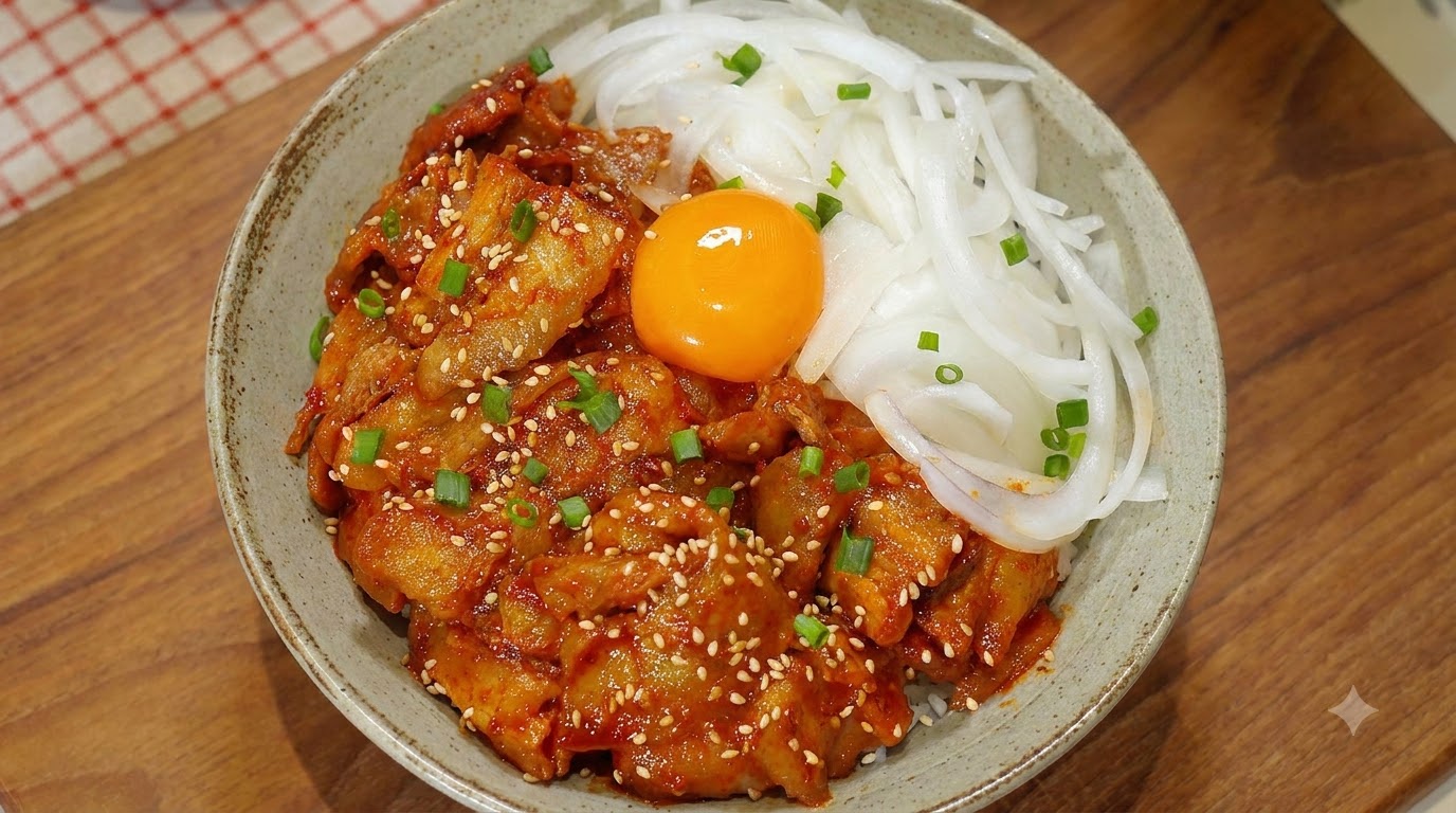 Un bol de bibimbap au porc épicé composé de poitrine de porc glacée, doignons crus et dun jaune dœuf frais sur un lit de riz blanc.