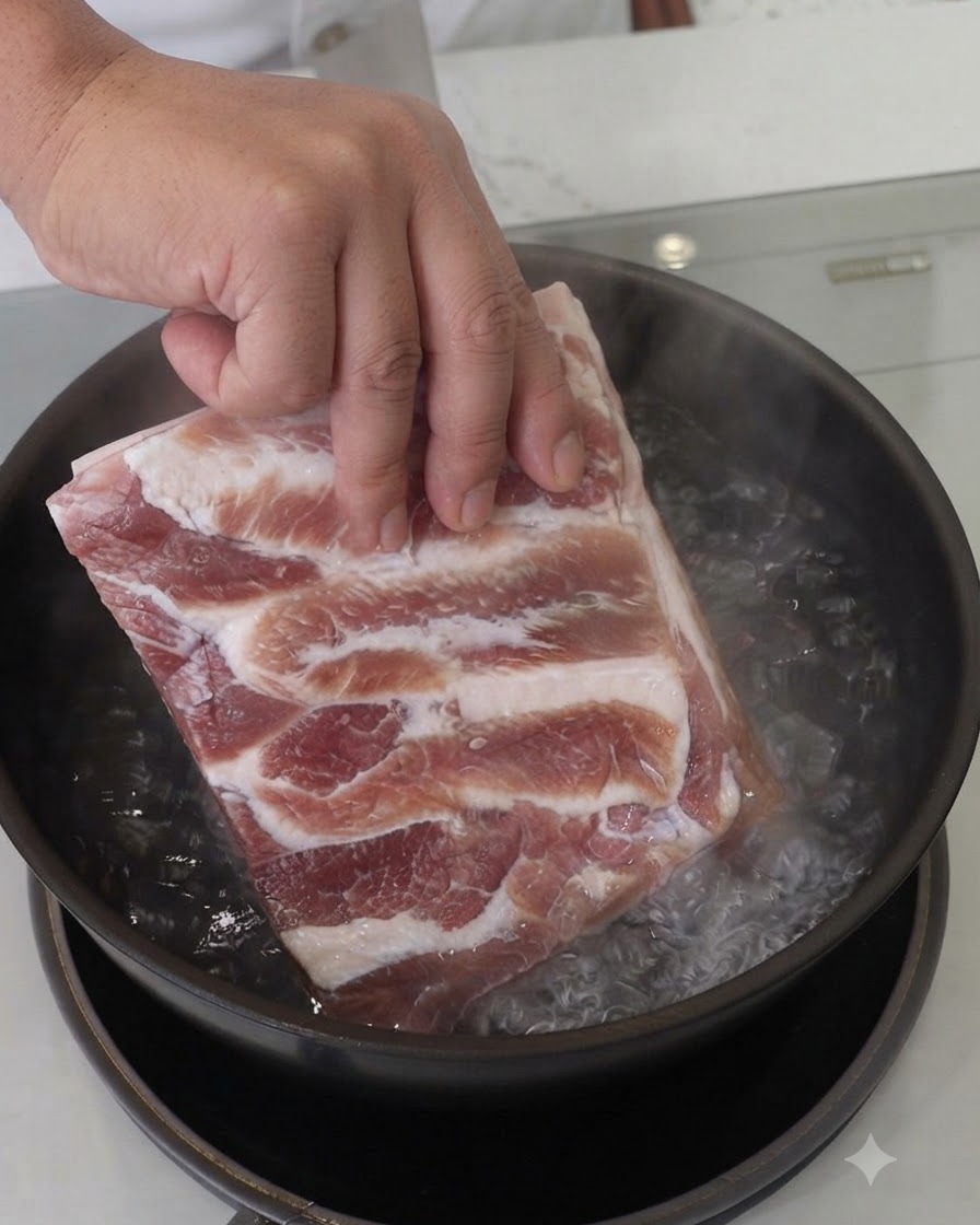 Un bloc de poitrine de porc crue plongé dans une casserole deau bouillante bouillonnante.