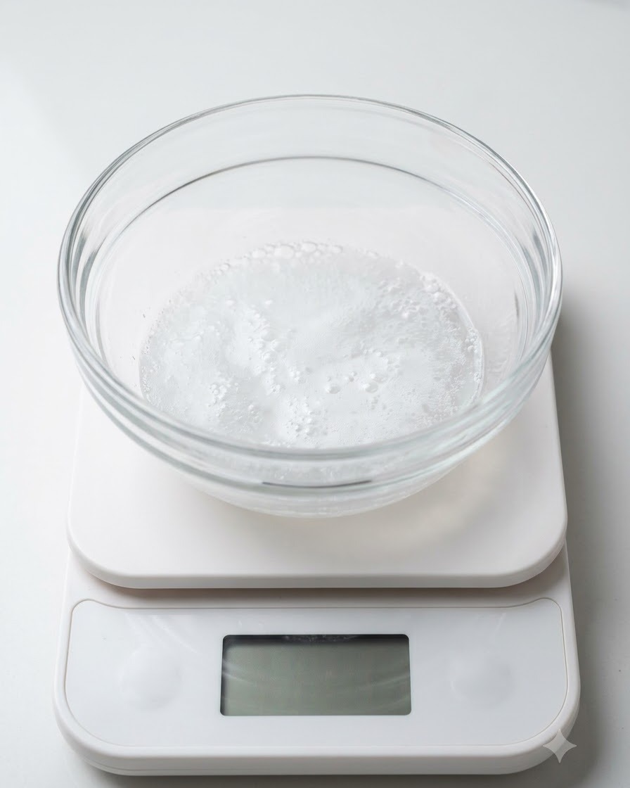 Un bol en verre contenant un mélange mousseux de vinaigre blanc et de bicarbonate de soude posé sur une balance numérique blanche.