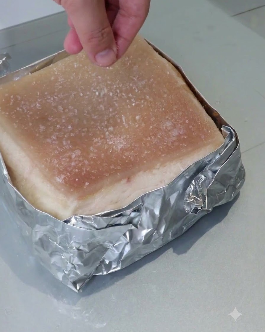 Une main saupoudrant du gros sel uniformément sur la surface dun morceau de poitrine de porc enveloppé de papier aluminium.
