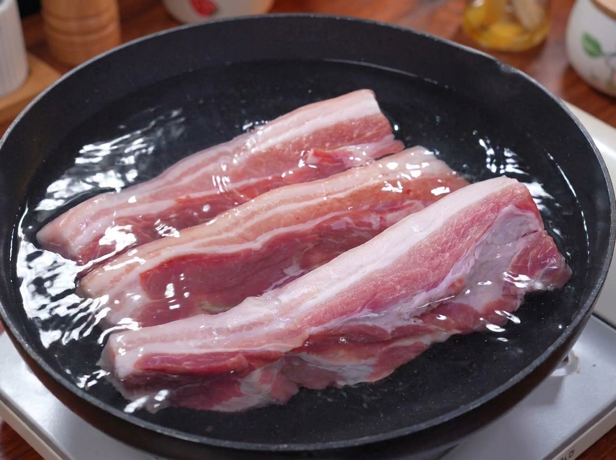 Trois lanières de poitrine de porc crues placées dans une casserole remplie deau pour lébullition.