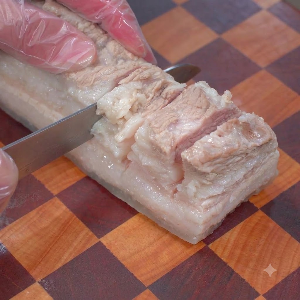Un couteau pratiquant des incisions verticales sur une lanière de poitrine de porc bouillie sur une planche à découper.