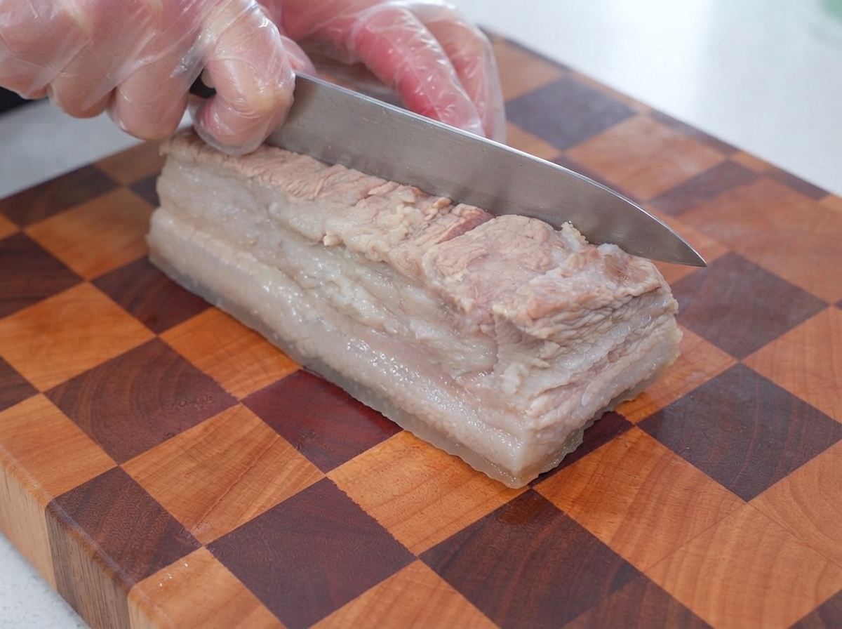 Sauce soja claire et sauce huître versées sur des lanières de poitrine de porc quadrillées.