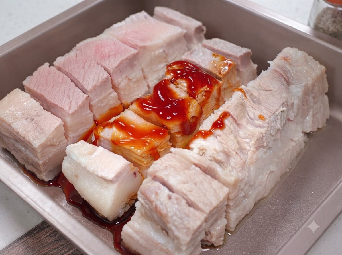 Poudre dassaisonnement barbecue appliquée et massée sur les lanières de poitrine de porc.