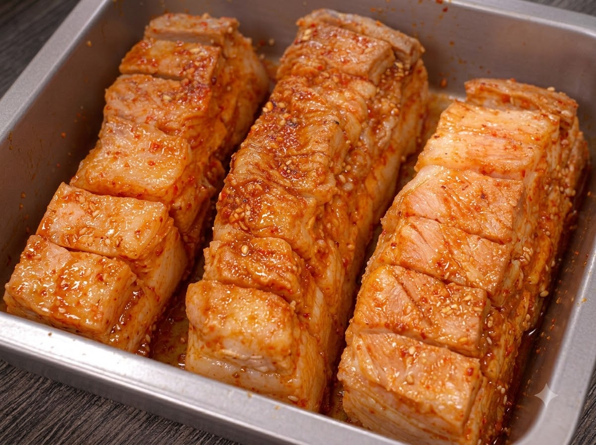 Lanières de poitrine de porc assaisonnées et étroitement enveloppées dans du papier aluminium.