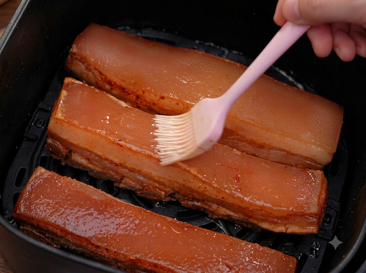 La poitrine de porc débarrassée de son sel et badigeonnée de vinaigre blanc dans le panier de la friteuse à air.