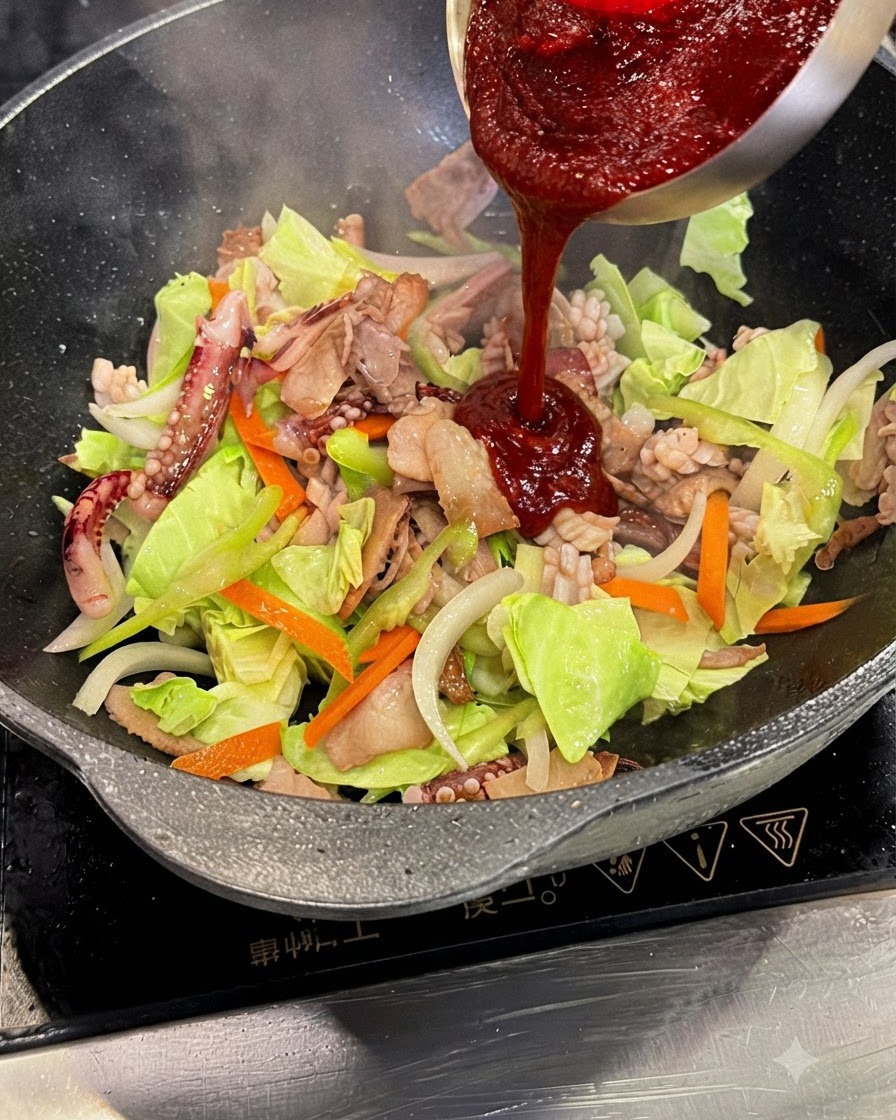 Sauce rouge épaisse pour calamar sauté versée dun bol en acier dans le wok.
