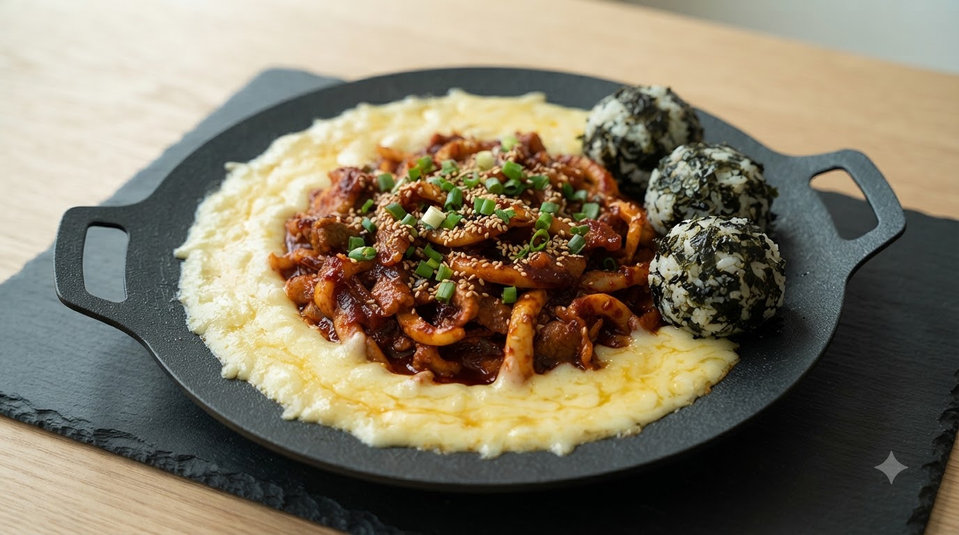 Calamar et Poitrine de Porc Épicés au Fromage Fondant (Ojingeo Samgyeopsal)