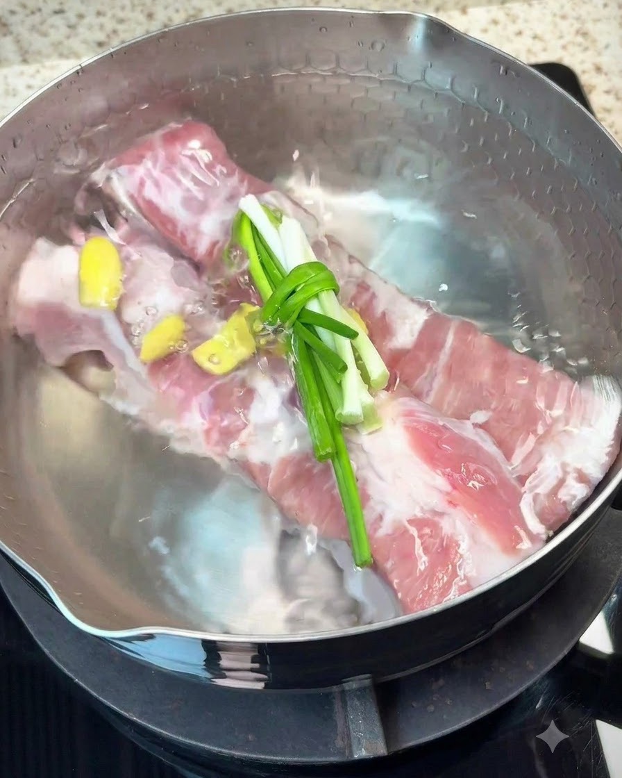 Morceaux de poitrine de porc bouillant dans une casserole avec des aromates comme du gingembre, de la ciboule et des épices.