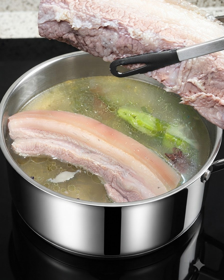 Poitrine de porc bouillie coupée en sections, en gardant la peau intacte à la base.