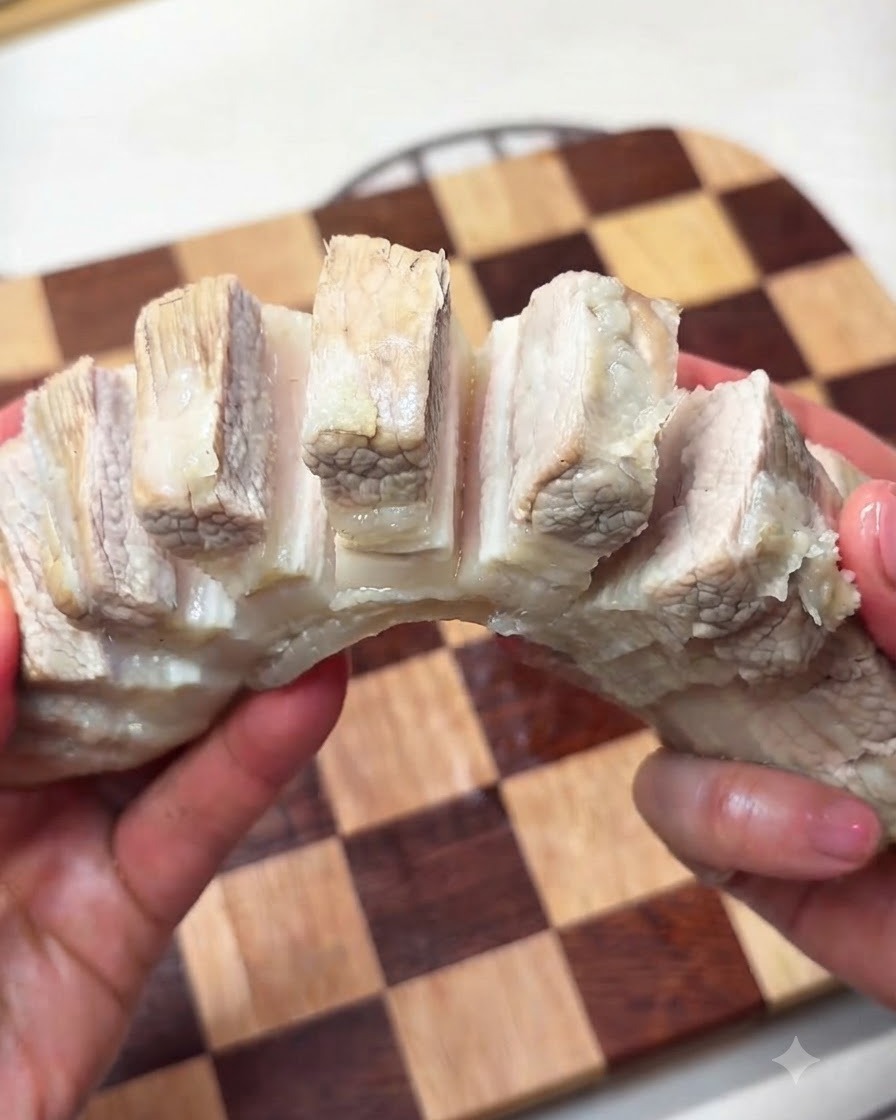 Sauces et assaisonnements versés sur les morceaux de poitrine de porc entaillés.