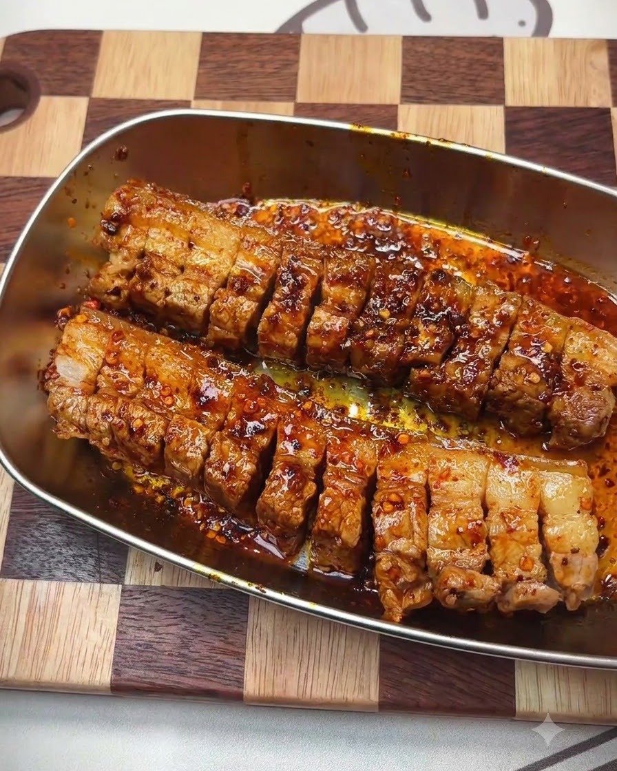 Une main gantée massant la marinade sur la poitrine de porc entaillée.