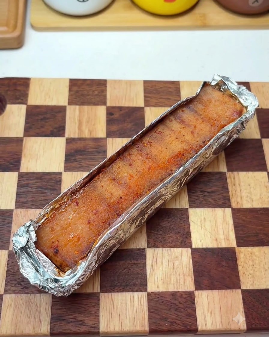 Poitrine de porc maintenue avec des cure-dents et enveloppée hermétiquement dans du papier aluminium.