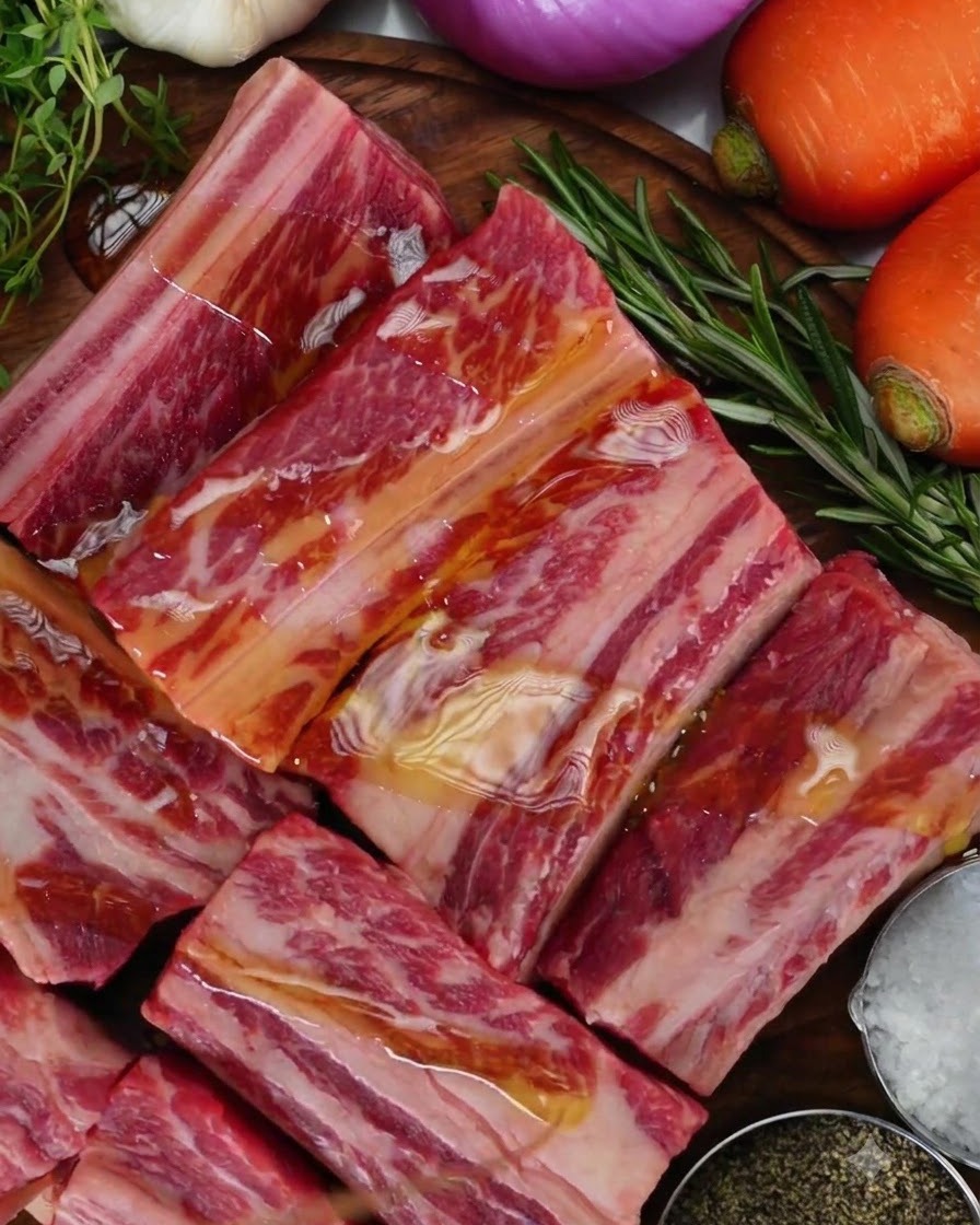 Travers de bœuf crus disposés sur une planche à découper en bois, luisants dhuile dolive à côté dun petit bol de sel marin grossier et de poivre noir.