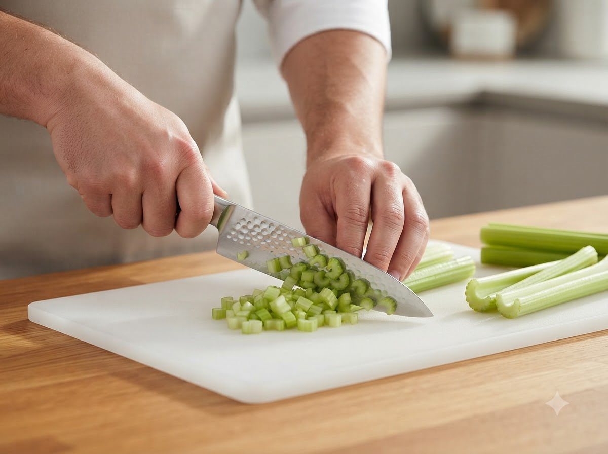 Une paire de mains utilisant un couteau de chef pour couper du céleri en petits cubes sur une planche à découper blanche.