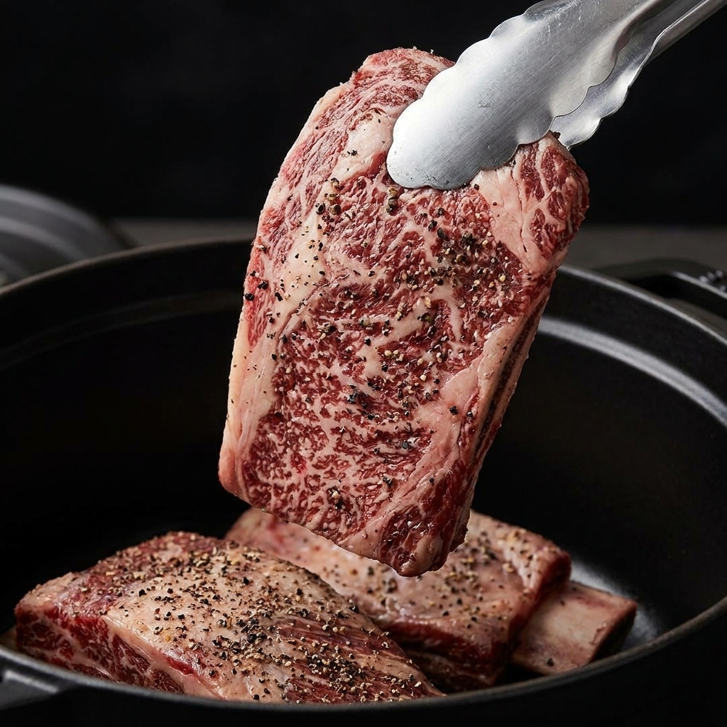Des pinces plaçant un travers de bœuf assaisonné dans une cocotte en fonte noire chaude, avec dautres morceaux qui dorent déjà à lintérieur.