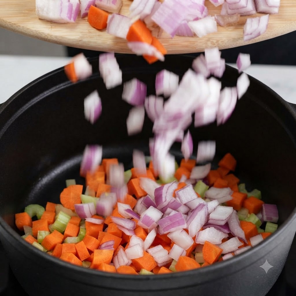 Oignons et carottes hachés versés dune planche en bois dans une cocotte chaude contenant des légumes déjà sautés.