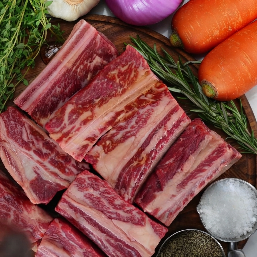Des travers de bœuf saisis replacés dans le liquide de braisage à lintérieur dune cocotte.