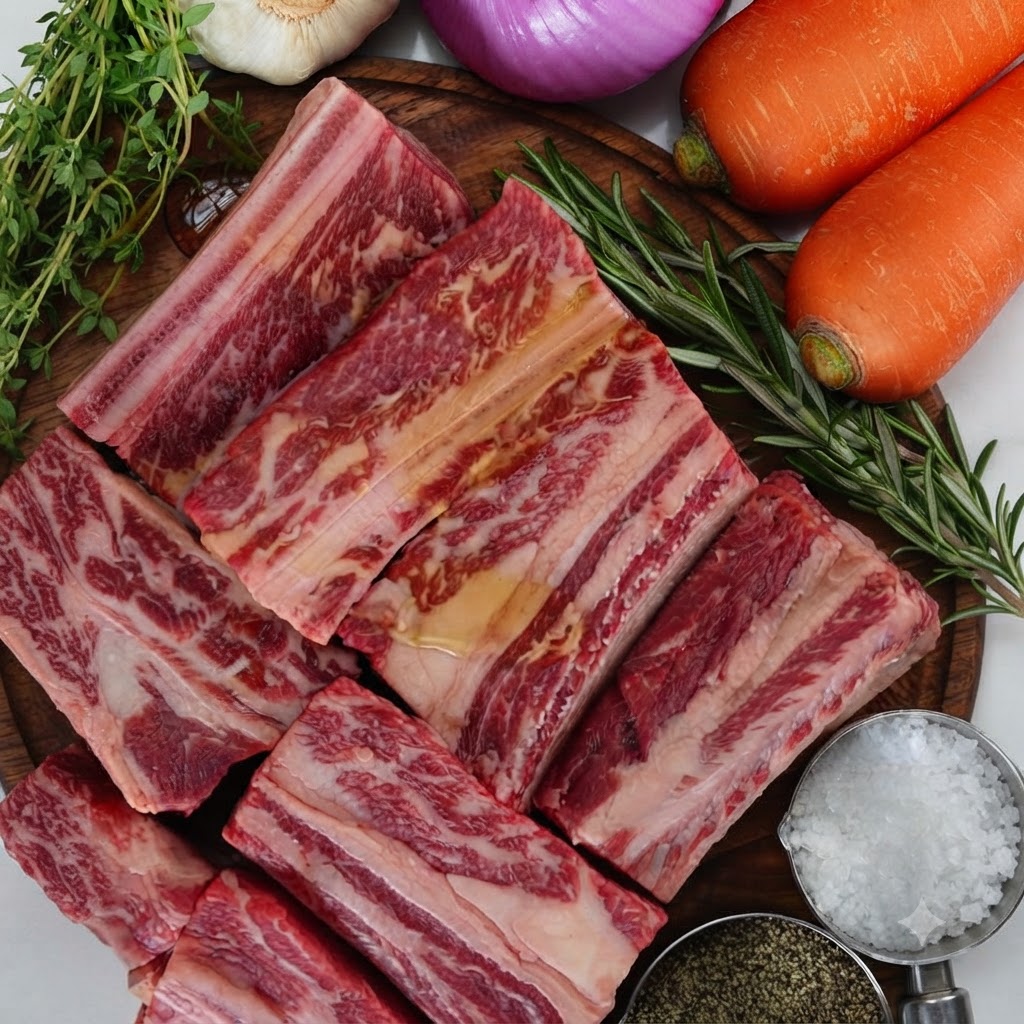 Une tête dail coupée en deux et des brins dherbes fraîches ajoutés dans la cocotte de travers de bœuf.