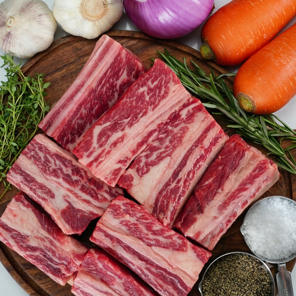 Un travers de bœuf tendre soulevé de la cocotte à laide de pinces métalliques, montrant sa texture cuite.