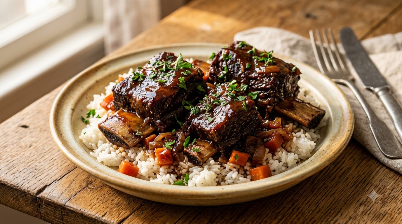 Un gros plan de travers de bœuf braisés servis sur du riz blanc, garnis dherbes fraîches et dune sauce de réduction brillante.