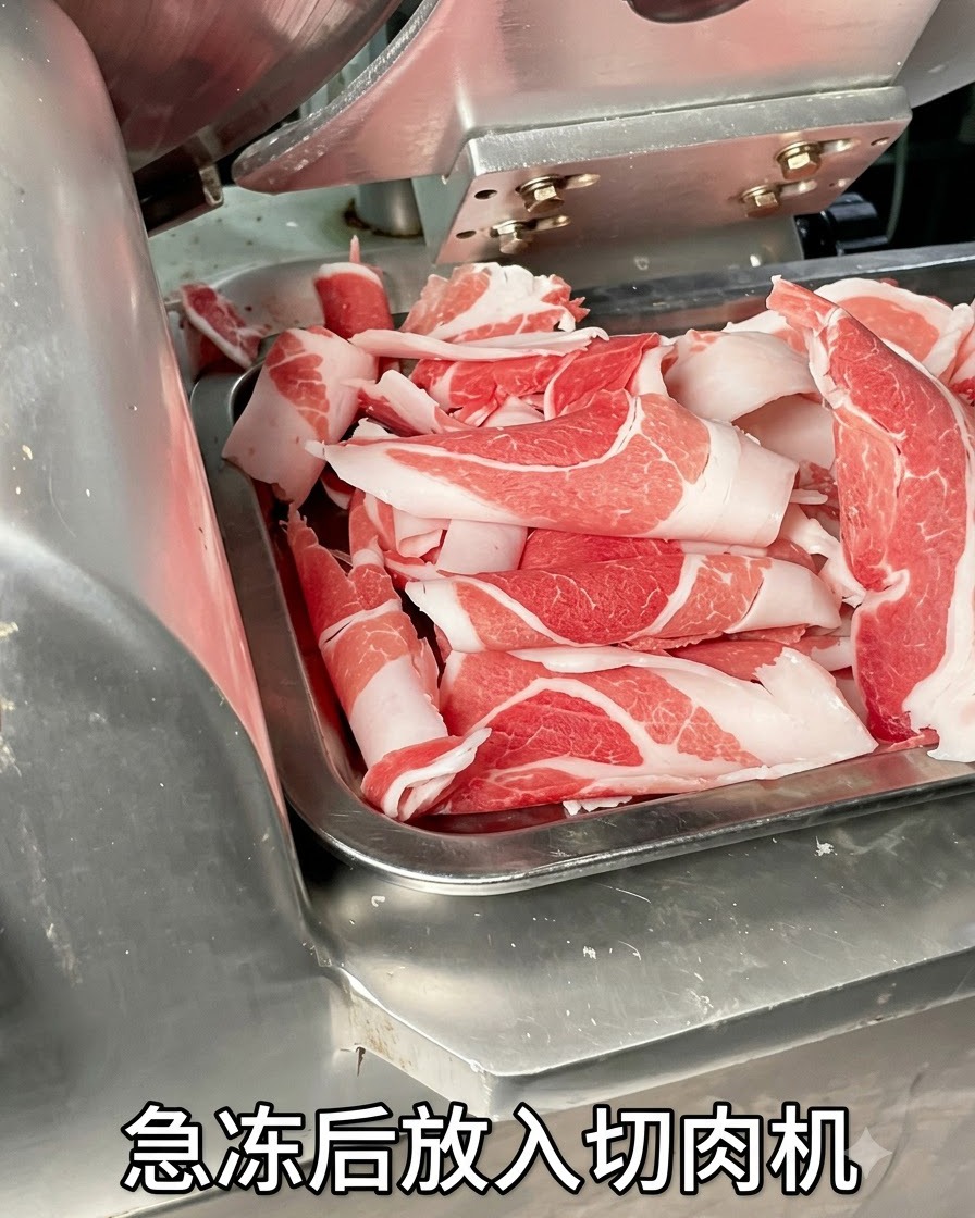 Tranches de poitrine de porc fines et uniformes sortant dune trancheuse à viande après avoir été congelées.