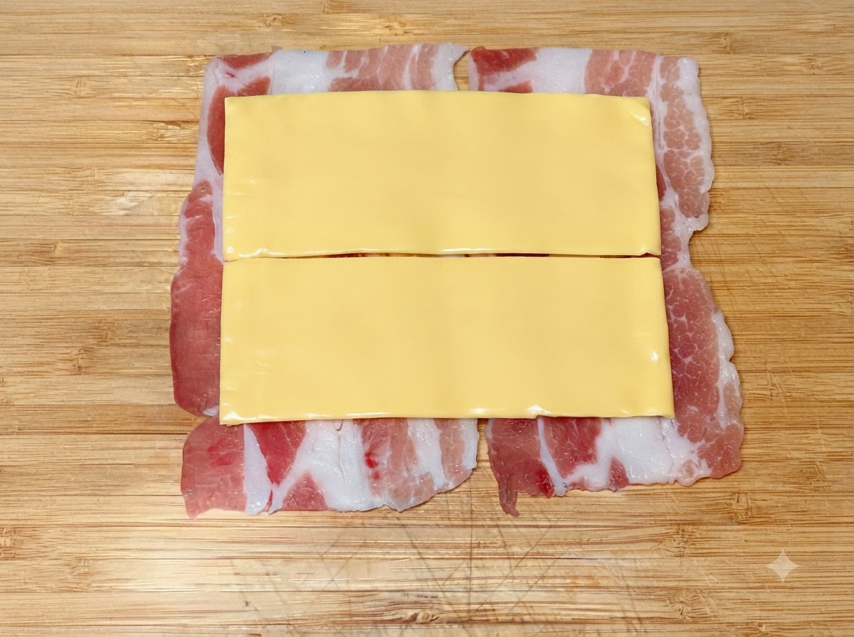 Tranches de fromage carrées disposées à plat sur des tranches de poitrine de porc superposées sur une planche en bois.