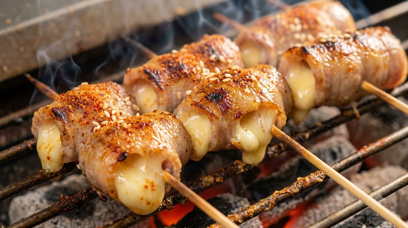 Gros plan sur des rouleaux de pâte de crevettes et fromage en brochettes en train de griller sur des charbons ardents, garnis de graines de sésame et de piment en floconscite: 1.