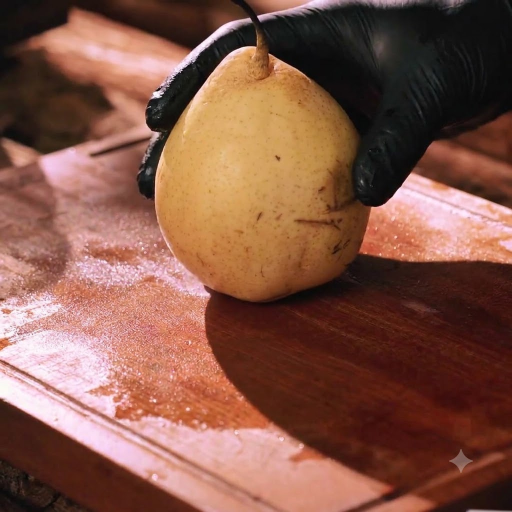Une poire fraîche en train dêtre coupée sur une planche à découper en bois.