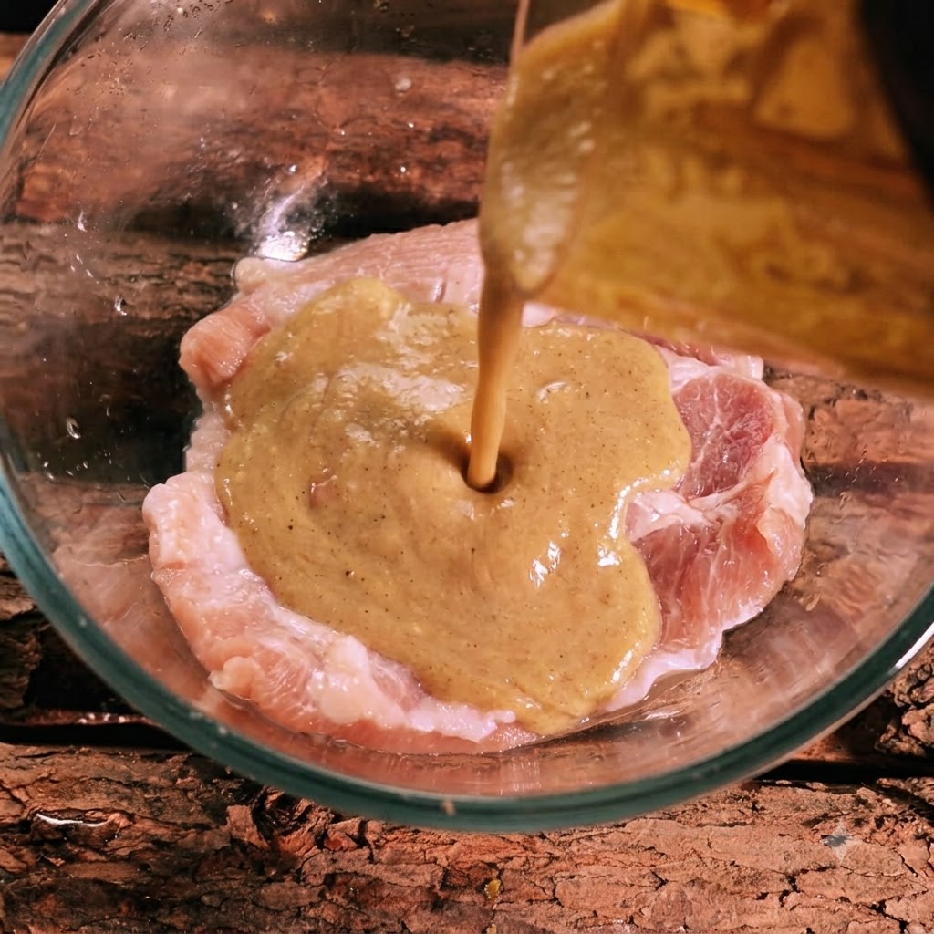 Une marinade fraîchement mixée versée dun récipient sur de la viande de porc crue dans un bol en verre.