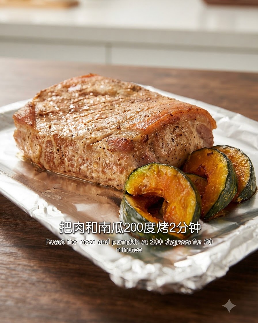 Des travers de porc marinés et des tranches de potiron disposés sur du papier sulfurisé sur une plaque de cuisson.