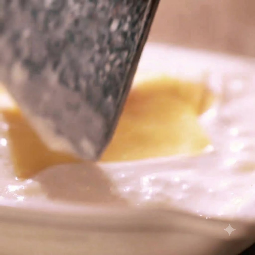 Des tranches de fromage ajoutées dans une sauce blanche crémeuse dans une poêle.