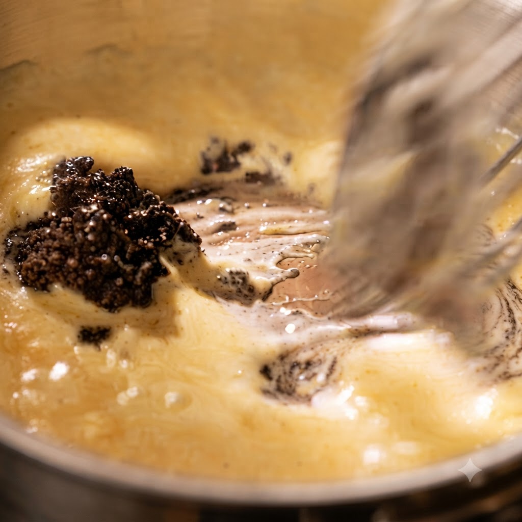 Une cuillère de sauce sombre à la truffe noire incorporée dans une poêle de sauce au fromage jaune bouillonnante avec un fouet.