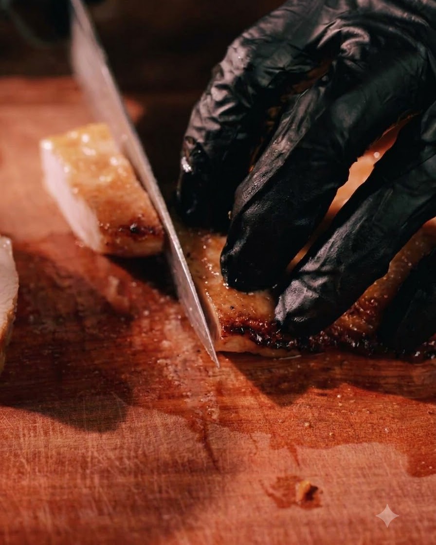 Une personne portant des gants noirs utilisant un couteau aiguisé pour couper un morceau de porc rôti sur une planche à découper en bois.