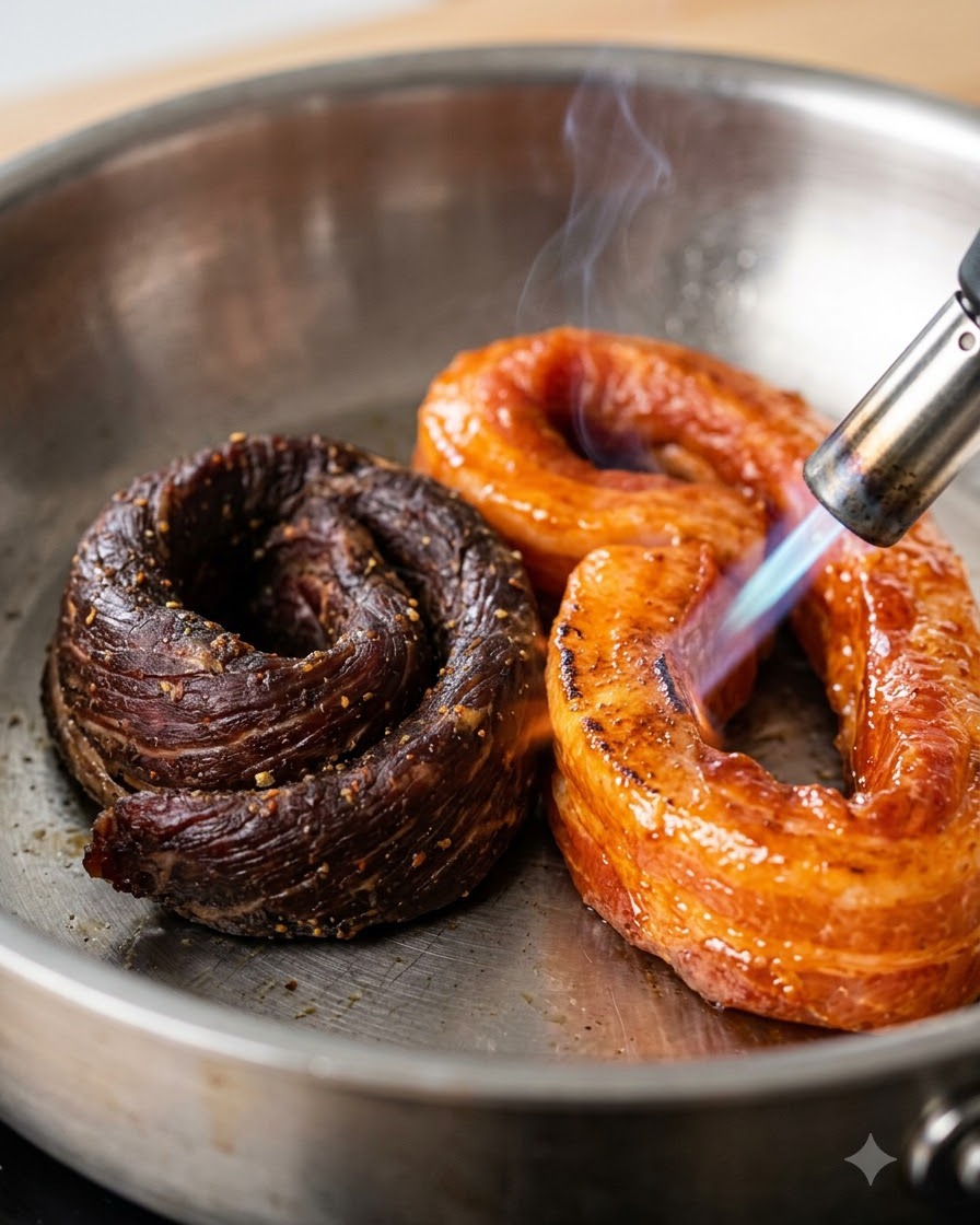 Une flamme bleue provenant dun chalumeau de cuisine carbonisant légèrement des morceaux de viande roulés à lintérieur dun bol en acier inoxydable.