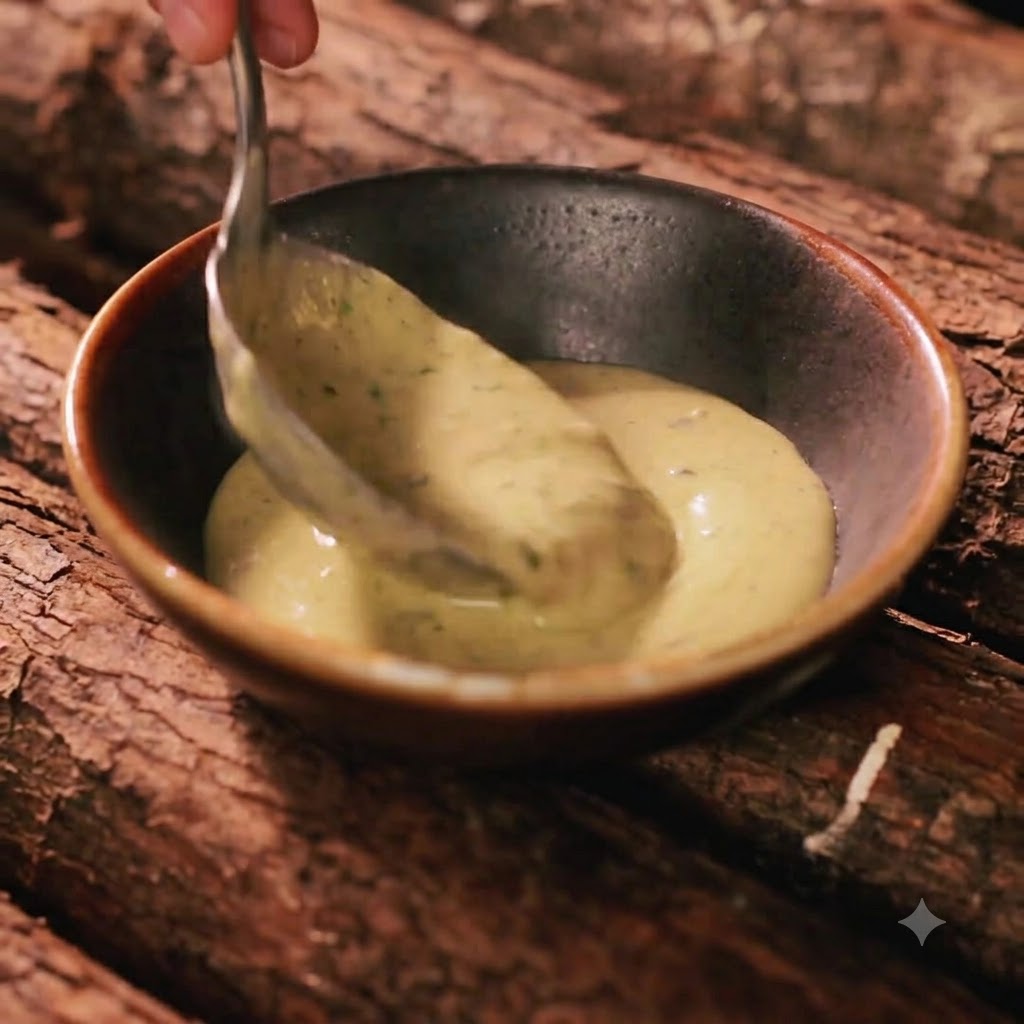 Une louche versant de la sauce crémeuse jaune à la truffe et au fromage dans un petit bol en céramique sombre sur fond de bois.