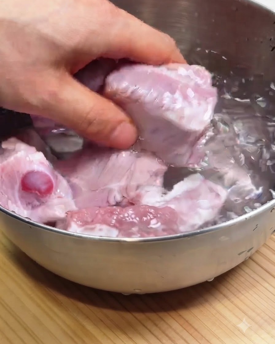 Travers de porc en train dêtre rincés dans un bol en acier inoxydable rempli deau.