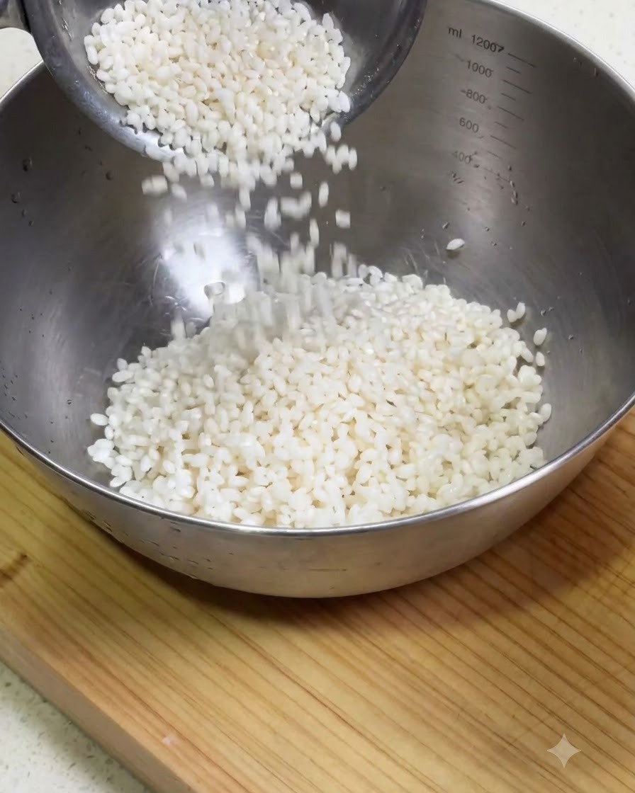 Riz gluant versé dans un bol pour être mélangé avec la saucisse chinoise et les champignons shiitake.