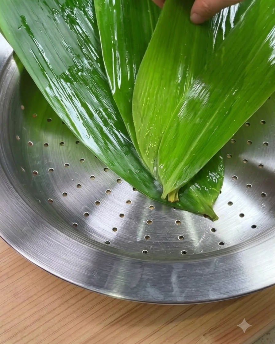 Feuilles de Zong vertes nettoyées disposées au fond dun panier vapeur rond en métal.