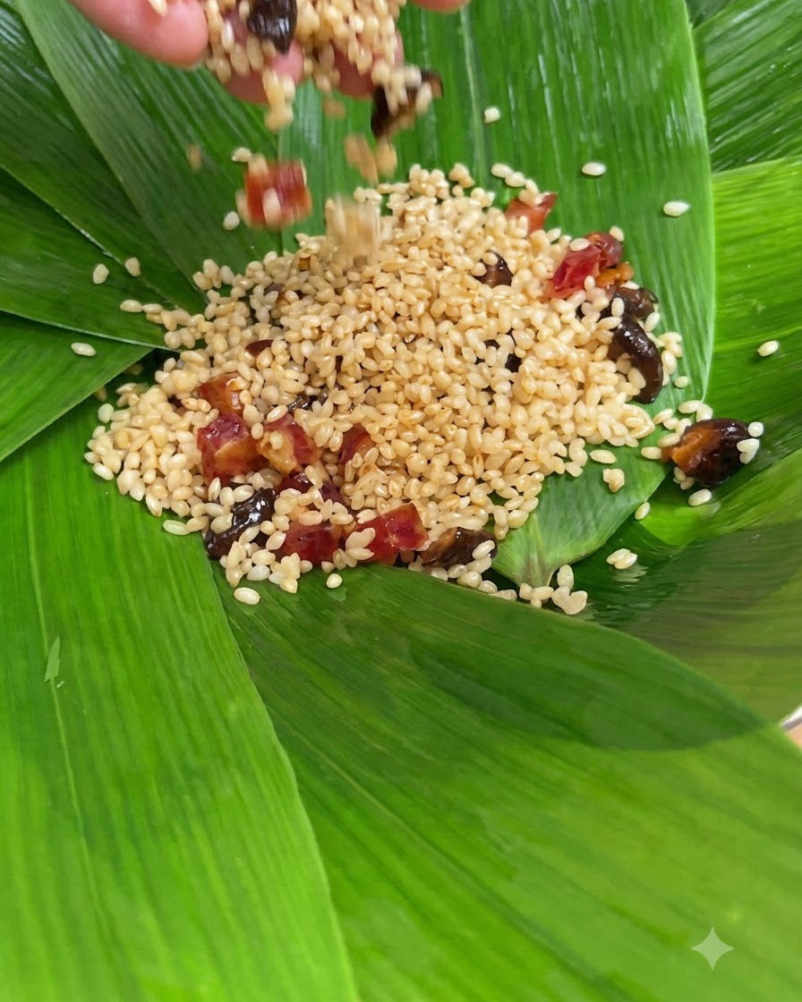 Riz gluant assaisonné avec la saucisse chinoise et les champignons étalé sur les feuilles de Zong.